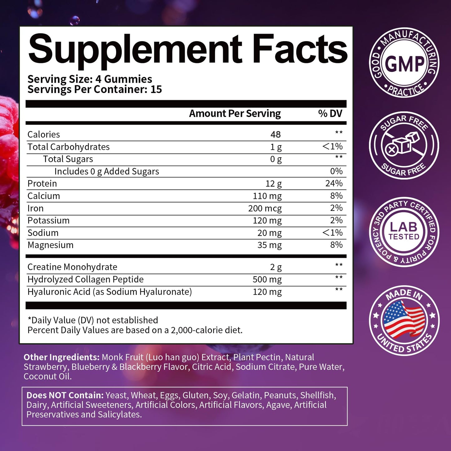 3 in 1 Whey Protein Gummies | Creatine Monohydrate | Collagen, 0 Sugar, Pure Protein Source, Muscle & Energy Support, Berry Flavor, for Women and Men - PrimeBioHealth - canada supplements