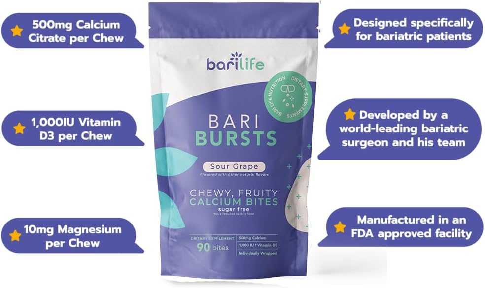 Bari Life Just One Chewable: Once Daily Bariatric Multivitamin + Iron and and BariBurst Calcium Citrate Soft Chews for Gastric Bypass, Gastric Sleeve and Duodenal Switch (Sour Grape)