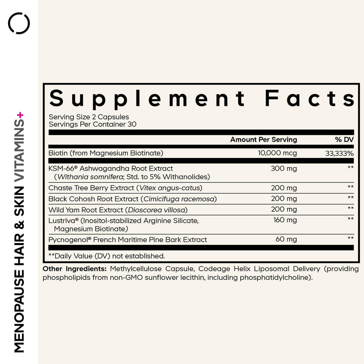 Codeage Menopause Hair & Skin Vitamins+ - Patented Lustriva, Pycnogenol, KSM-66 Ashwagandha - Hair Density Skin Perimenopause Support - Menopause Supplement - 10,000 Mcg Biotin, Wild Yam - 60 Capsules CodeageBuy Supplements Australia