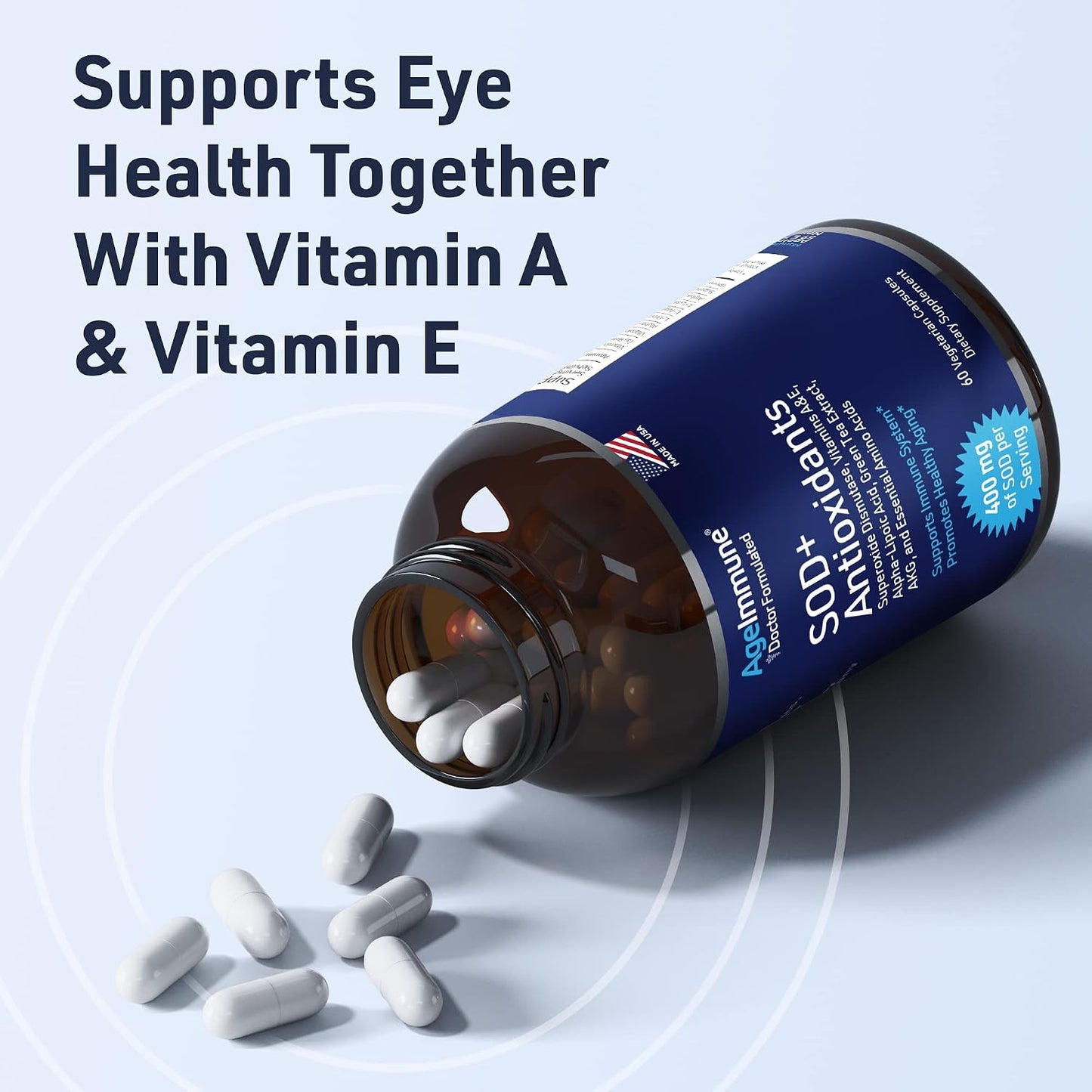 SOD Antioxidants Complex Healthy Aging Supplement, 400mg of Superoxide Dismutase, Alpha Lipoic Acid, Green Tea Extract, L-Arginine, Lysine, AKG, Vitamin A, Vitamin E - 60 Capsules -2 Bottles