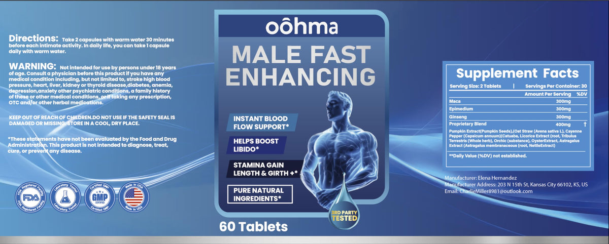 Oohma New Male Enhancing Supplement, Designed to be Fast Acting for Blood Flow to Gain Length & Girth + Stamina, Maca, Epimedium, and Other Natural Ingredients, 3rd Party Tested Supplement 60 Tablets Oohma buy supplements Au