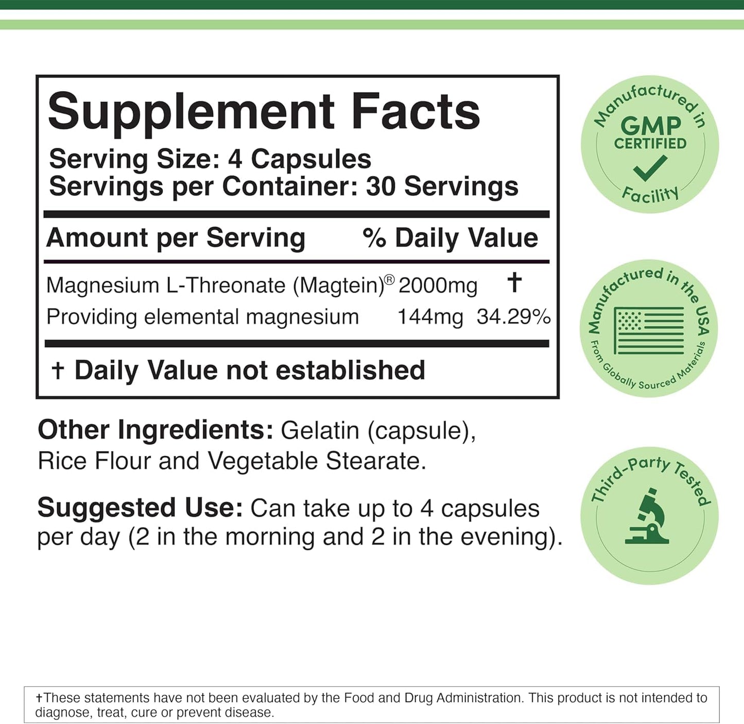 Magnesium L Threonate, Magtein - NSF Certified - Sleep and Cognitive Support – High Absorption