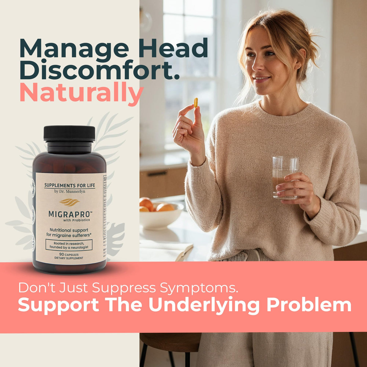 Dr. Munnerlyn MigraPro with Probiotics, Brain and Gut Health Support Supplement with Magnesium, Riboflavin, CoQ10, Ginger Root, Asian Ginseng, Vitamin C, Feverfew & Turmeric, Gluten Free, 90 Capsules Dr. Munnerlyn buy supplements Au