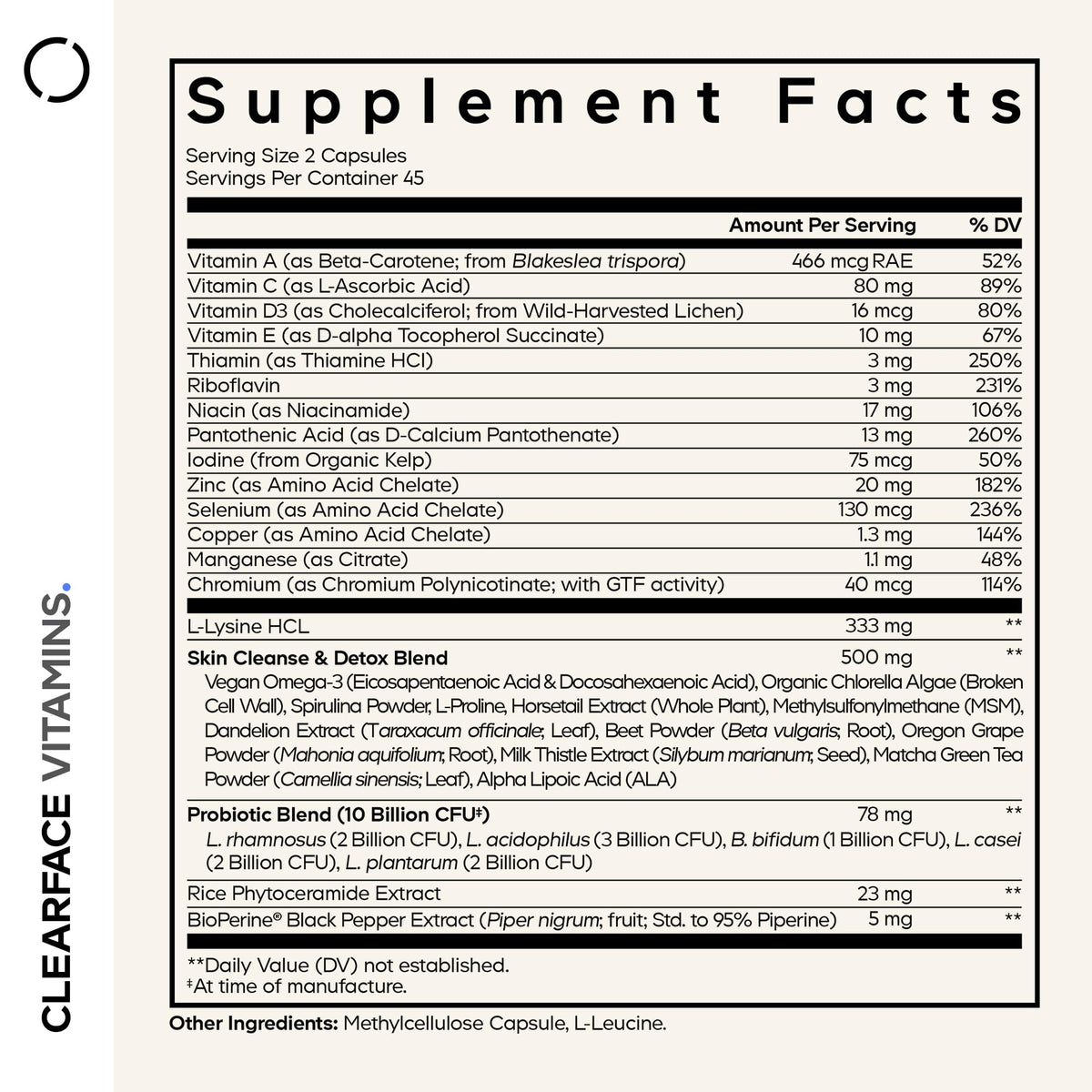Codeage Clearface Pantothenic Acid, Niacin Supplement, Vitamins A, C, D3, E, Probiotics, Zinc, Riboflavin, Thiamin, L-Lysine HCL & Omega-3, Niacinamide, Skin Botanical Blend - Non-GMO - 90 Capsules CodeageBuy Supplements Australia