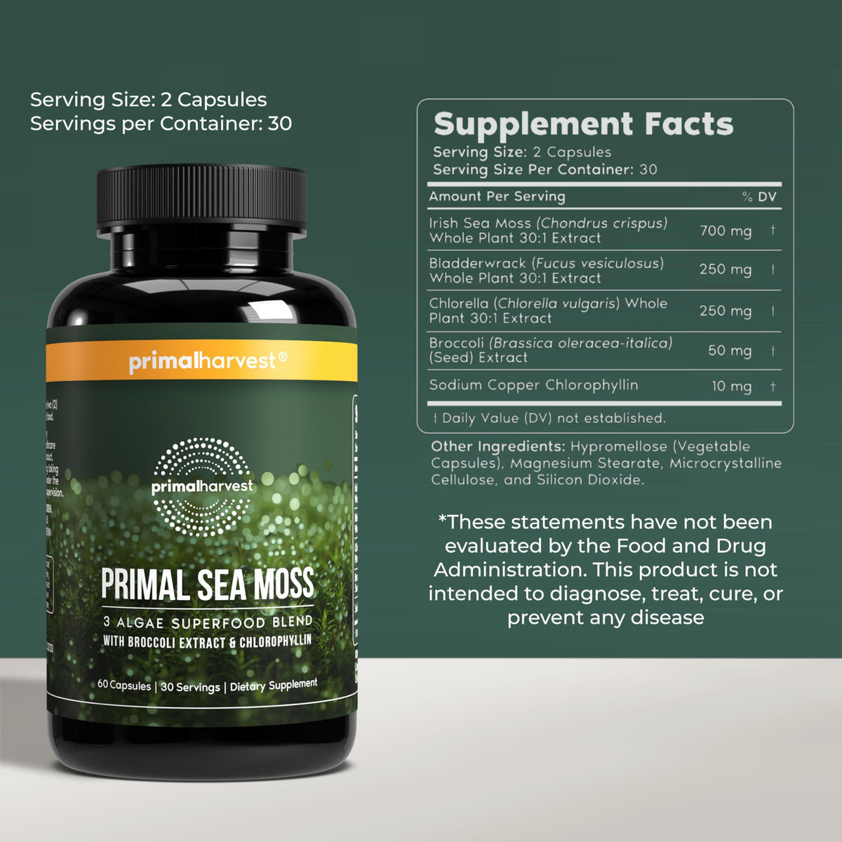 Primal Harvest Sea Moss Capsules with Bladderwack and Irish Sea Moss, Chlorella, Broccoli Seed Extract Plant-Based Supplements for Adults Primal HarvestBuy Supplements Australia