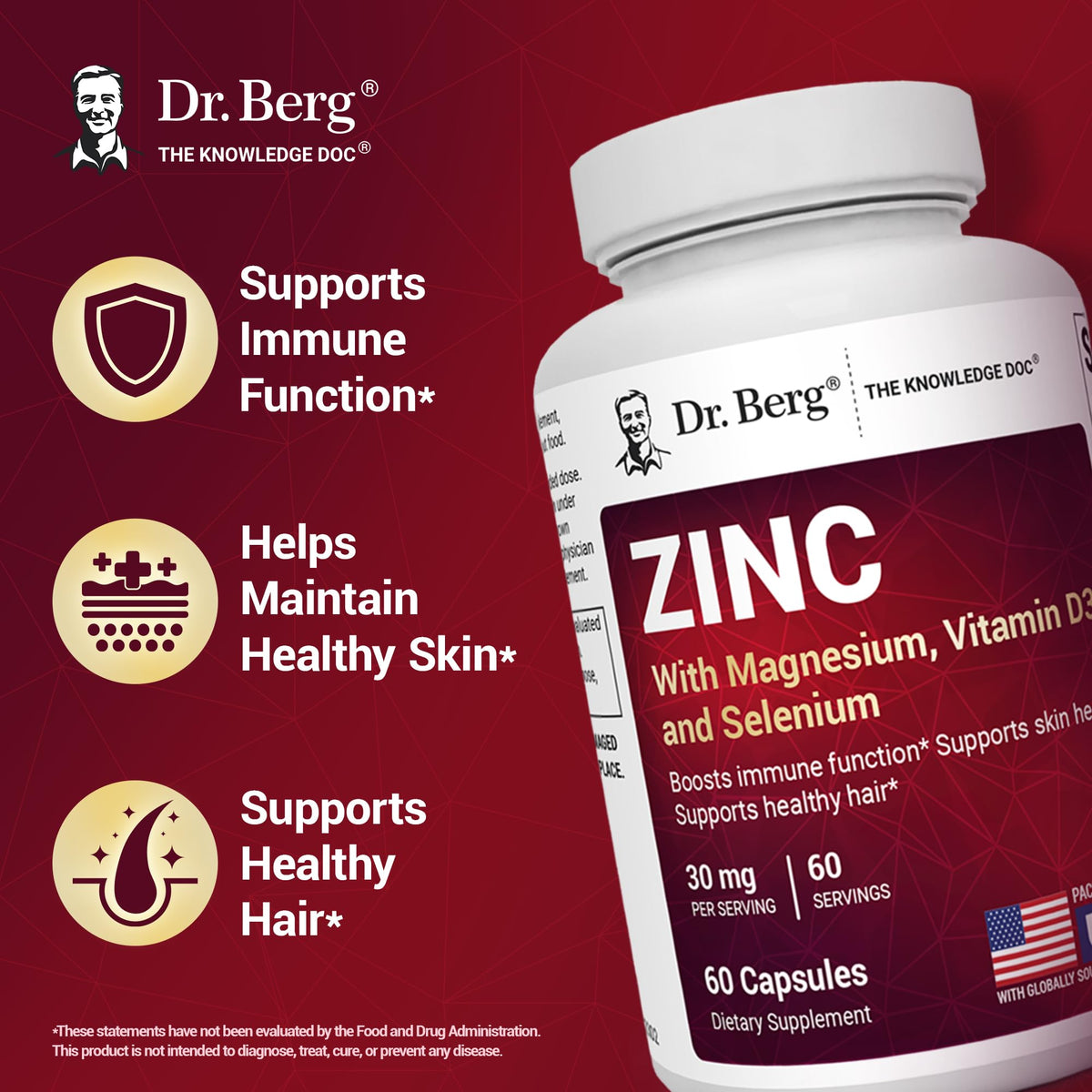 Dr. Berg Zinc 30mg Enhanced with Magnesium, Vitamin D3, Selenium, & Copper - Zinc Supplements for Men & Women - Chelated Zinc for Immune, Skin