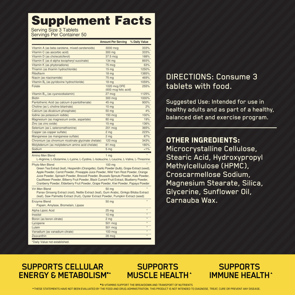 Optimum Nutrition Opti-Men, Vitamin C, Zinc and Vitamin D, E, B12 for Immune Support Mens Daily Multivitamin Supplement