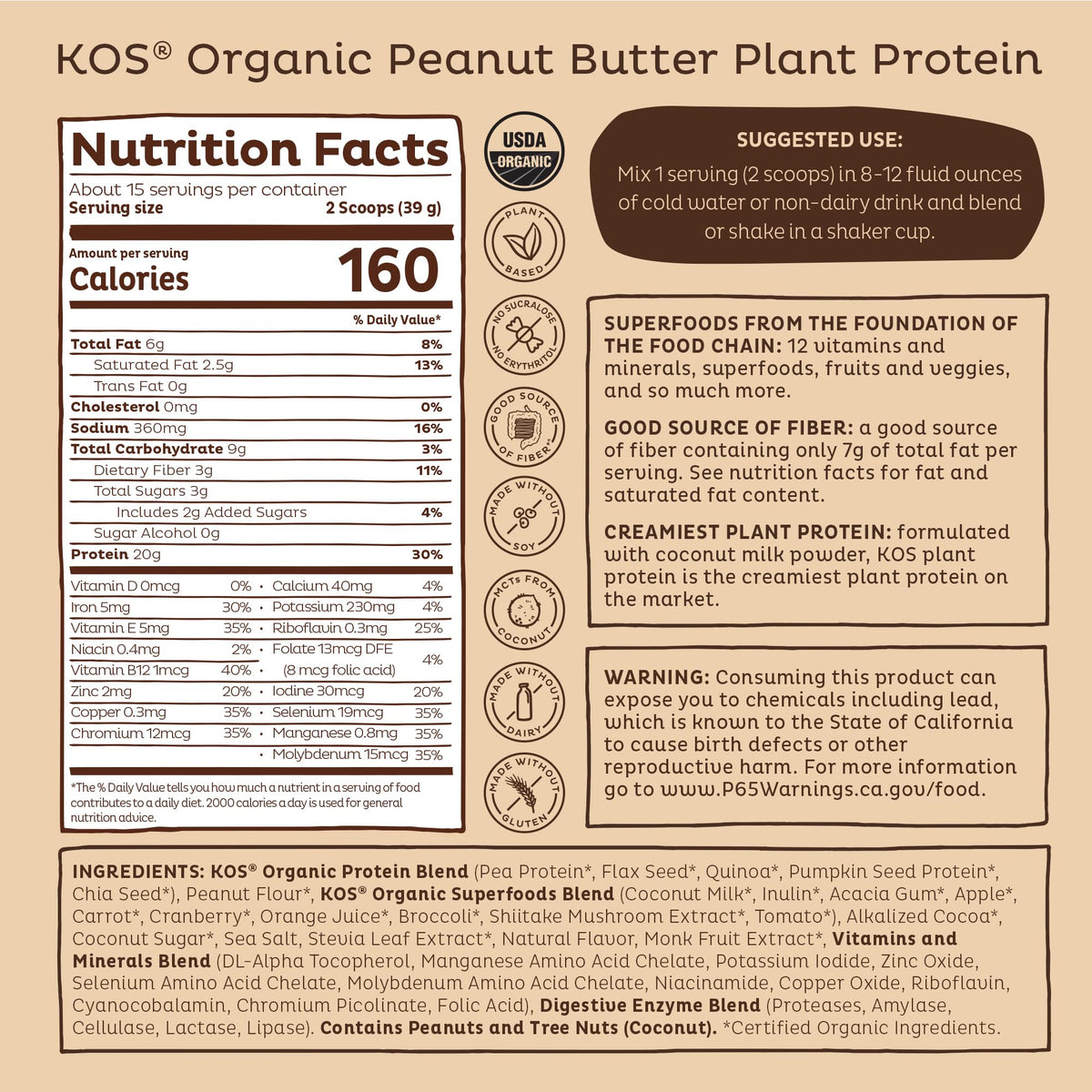 KOS Organic Plant Based Protein Powder, Chocolate Peanut Butter - Delicious Vegan Protein Powder - Keto Friendly, Gluten Free, Dairy Free & Soy Free - 15 Servings KOS buy supplements Au