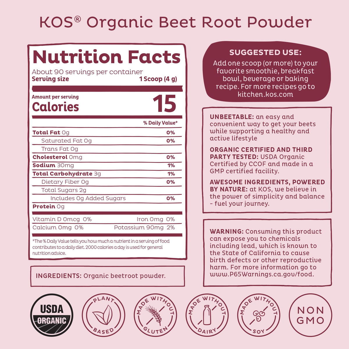 KOS Organic Beet Root Powder, USDA Organic - Natural Nitric Oxide Booster, Superfood Plant Based Beetroot Antioxidant, Supports Active Lifestyle & Healthy Circulation,