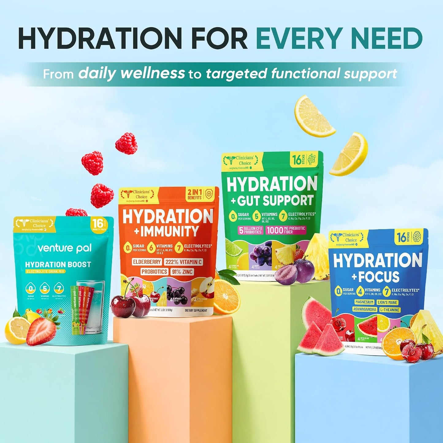 Venture Pal Sugar Free Electrolyte Powder Packets - Liquid Daily IV Drink Mix for Rapid Hydration & Party Recovery | 5 Vitamins & 7 Electrolytes| Keto Friendly | Non-GMO | Certified Vegan | 16 Sticks