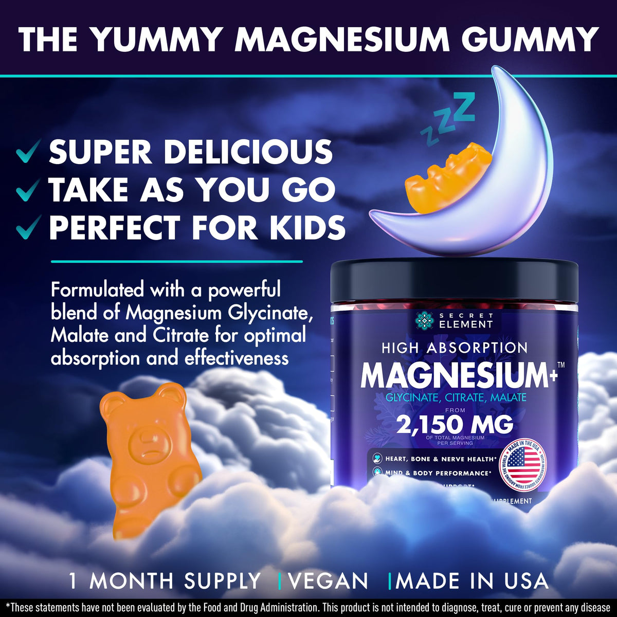 Secret Element Magnesium Glycinate 2150MG Gummies for Women and Men, High Absorption Magnesium Glycinate, Citrate, Malate Gummies for Adults & Kids, Sleep Support
