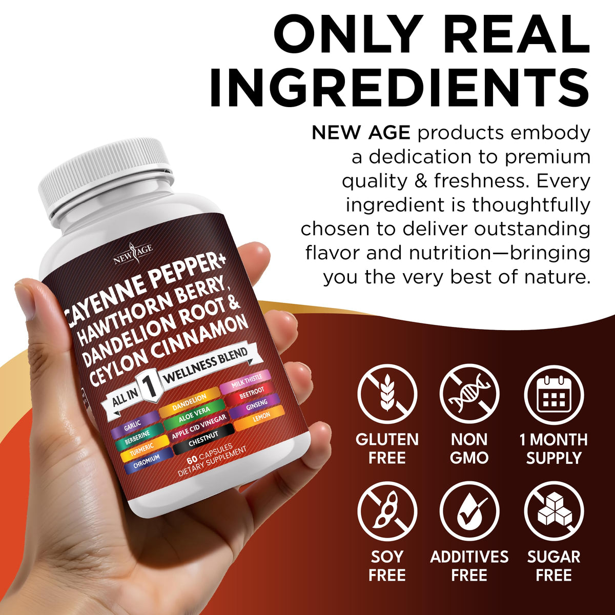 NEW AGE Cayenne Pepper Capsules Supplement with Hawthorn Berry, Dandelion Root, Ceylon Cinnamon, Garlic, Ginger, ACV, Milk Thistle, Beet Root, Aloe Vera - 120 Count NEW AGE buy supplements Au
