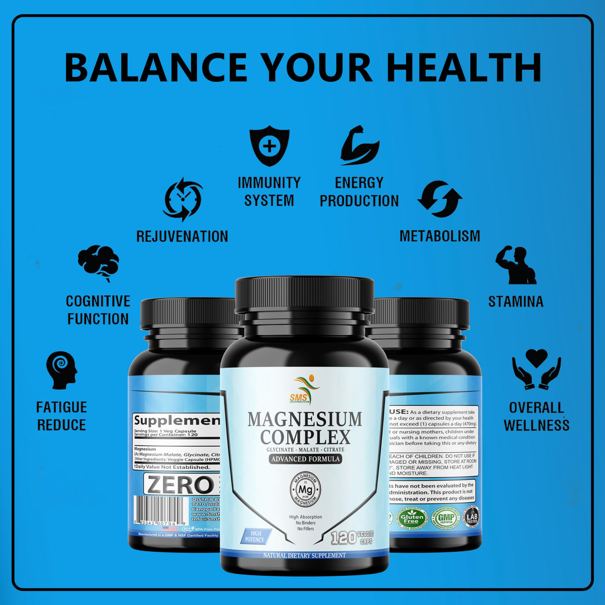 SMSHEALTHPRODUCTS.com Magnesium Complex | 470mg of Magnesium Glycinate, Malate, & Citrate for Muscles, Nerves, & Energy | High Absorption | Vegan, Non-GMO | 120 Capsules SMSHEALTHPRODUCTS.com buy supplements Au