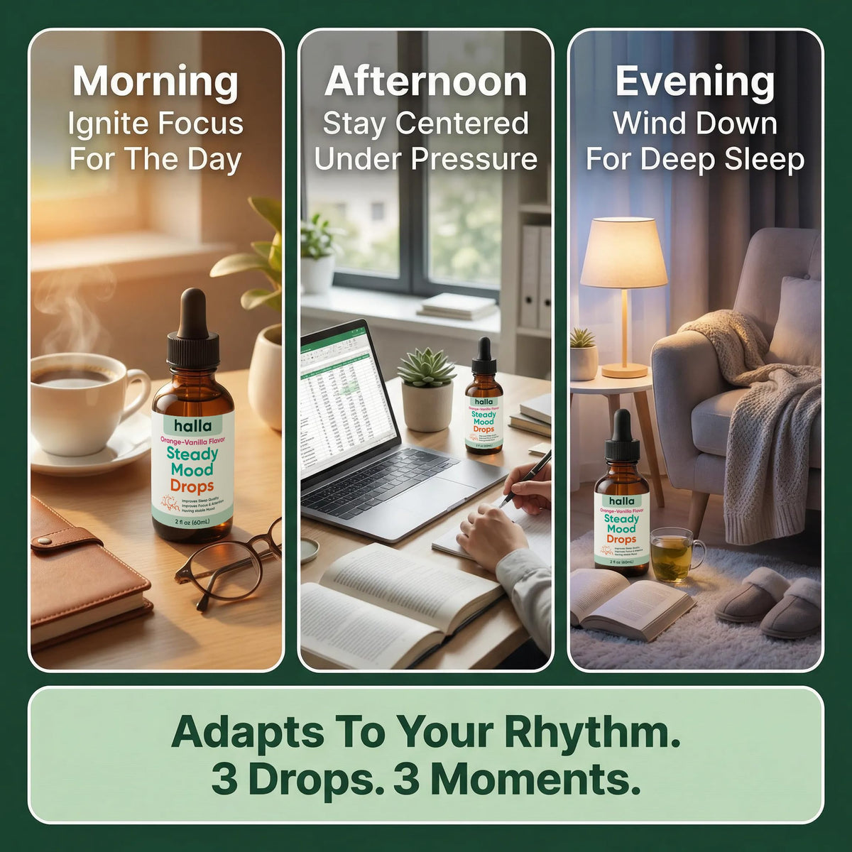Halla Steady Mood Drops Saffron Extract, Maritime Pine Bark Extract, Phosphatidylserine, Magnesium L-Threonate, Sleep Supplements, Improves Focus & Attention, Mood Support Supplement, 60ml