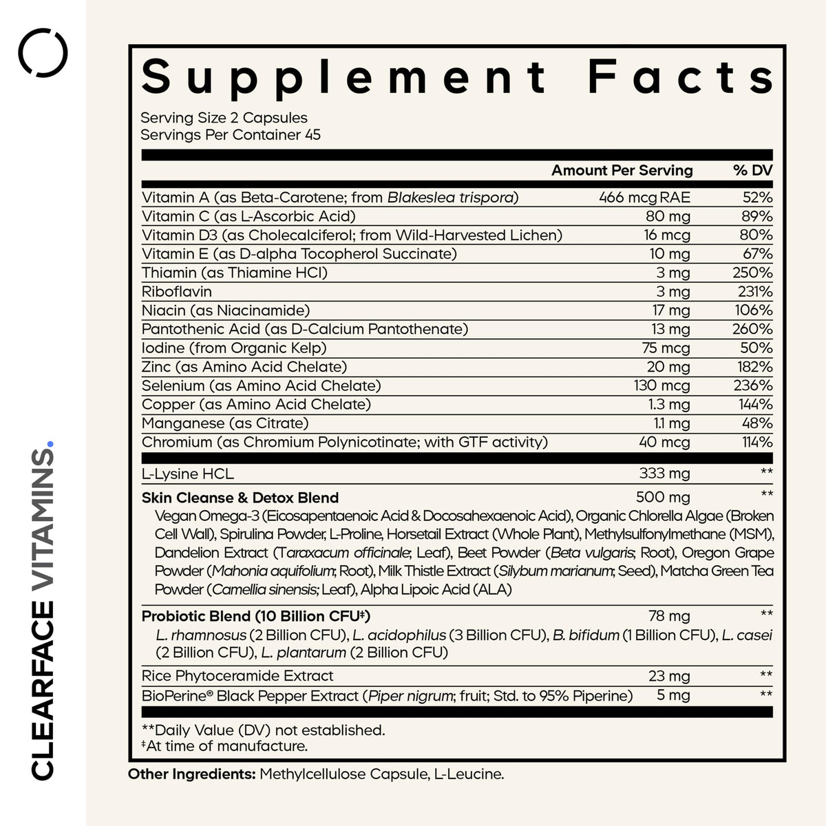 Codeage Clearface Pantothenic Acid, Niacin Supplement, Vitamins A, C, D3, E, Probiotics, Zinc, Riboflavin, Thiamin, L-Lysine HCL & Omega-3, Niacinamide, Skin Botanical Blend - Non-GMO - 90 Capsules CodeageBuy Supplements Australia