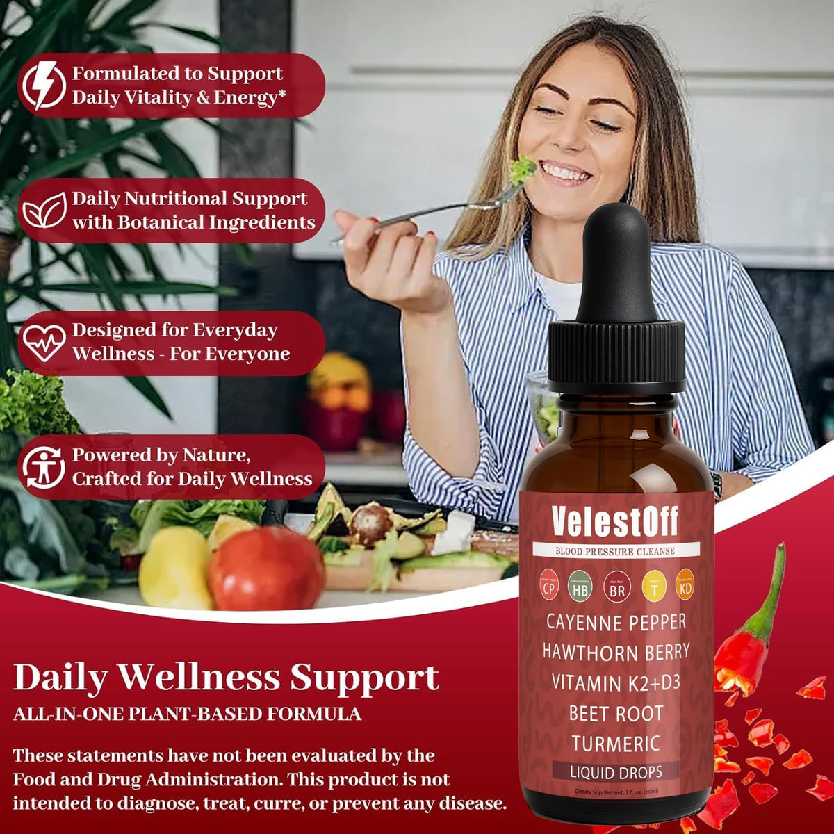 Velestoff Cayenne Pepper | Cayenne Heart & Circulation Blend – Botanical Extracts with Hawthorn, Beet Root, Turmeric, Vitamin K2 & D3 – Daily Wellness Drops (2 fl oz) (2) DFTLUUE buy supplements Au