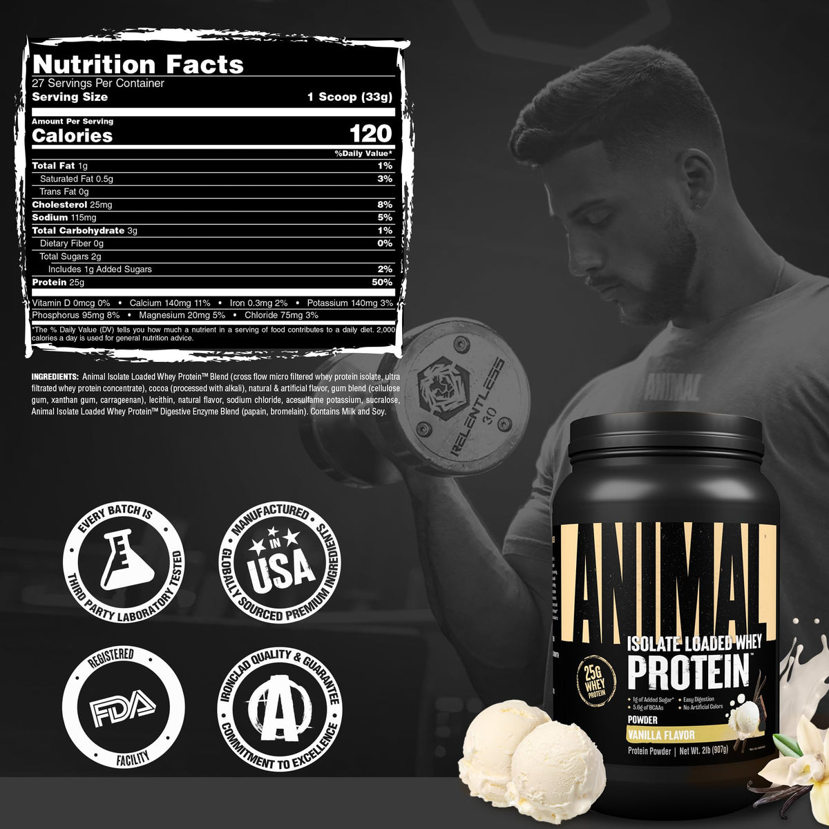 Animal Whey Isolate Protein Powder - Loaded for Pre & Post Workout Muscle Builder and Recovery with Digestive Enzymes for Men & Women - 25g Protein, Great Taste, Low Sugar - Vanilla 2 lbs - PrimeBioHealth - canada supplements