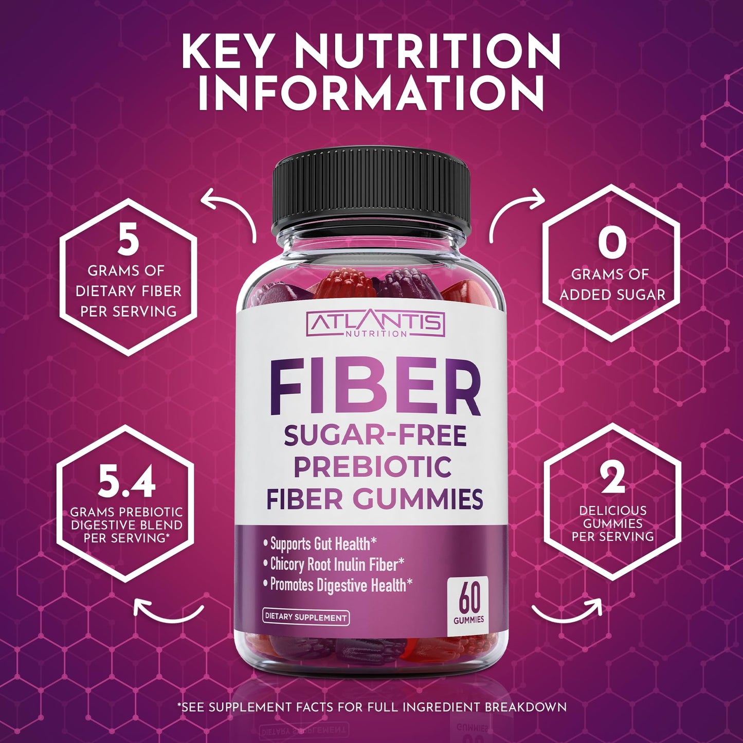 Atlantis Nutrition Sugar Free Fiber Gummies for Adults - 5G Fiber Supplement Formulated with 5.4G Prebiotic Digestive Blend/Serving - Supports Gut Health & Healthy Digestion - PrimeBioHealth - canada supplements