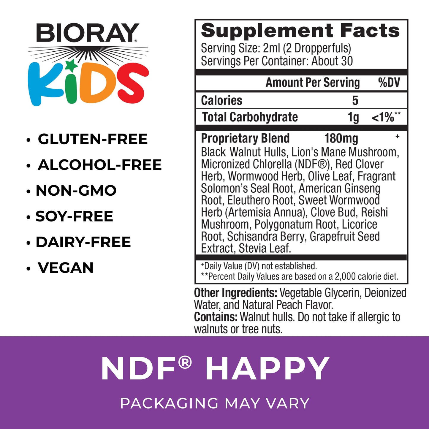 BIORAY Kids NDF Happy, Peach - 2 fl oz - Removes Unwanted Organisms That Can Trigger Irritability - 1-2 Month Supply - PrimeBioHealth - canada supplements