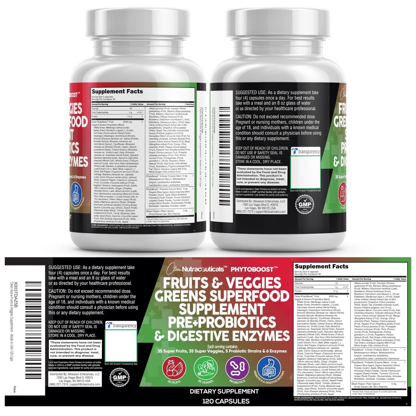 Clean Nutraceuticals Fruits and Veggies Supplement Reds & Green Superfood - Balance of Over 70 Fruit & Vegetable Supplements Capsules with Probiotics Prebiotics - PrimeBioHealth - canada supplements