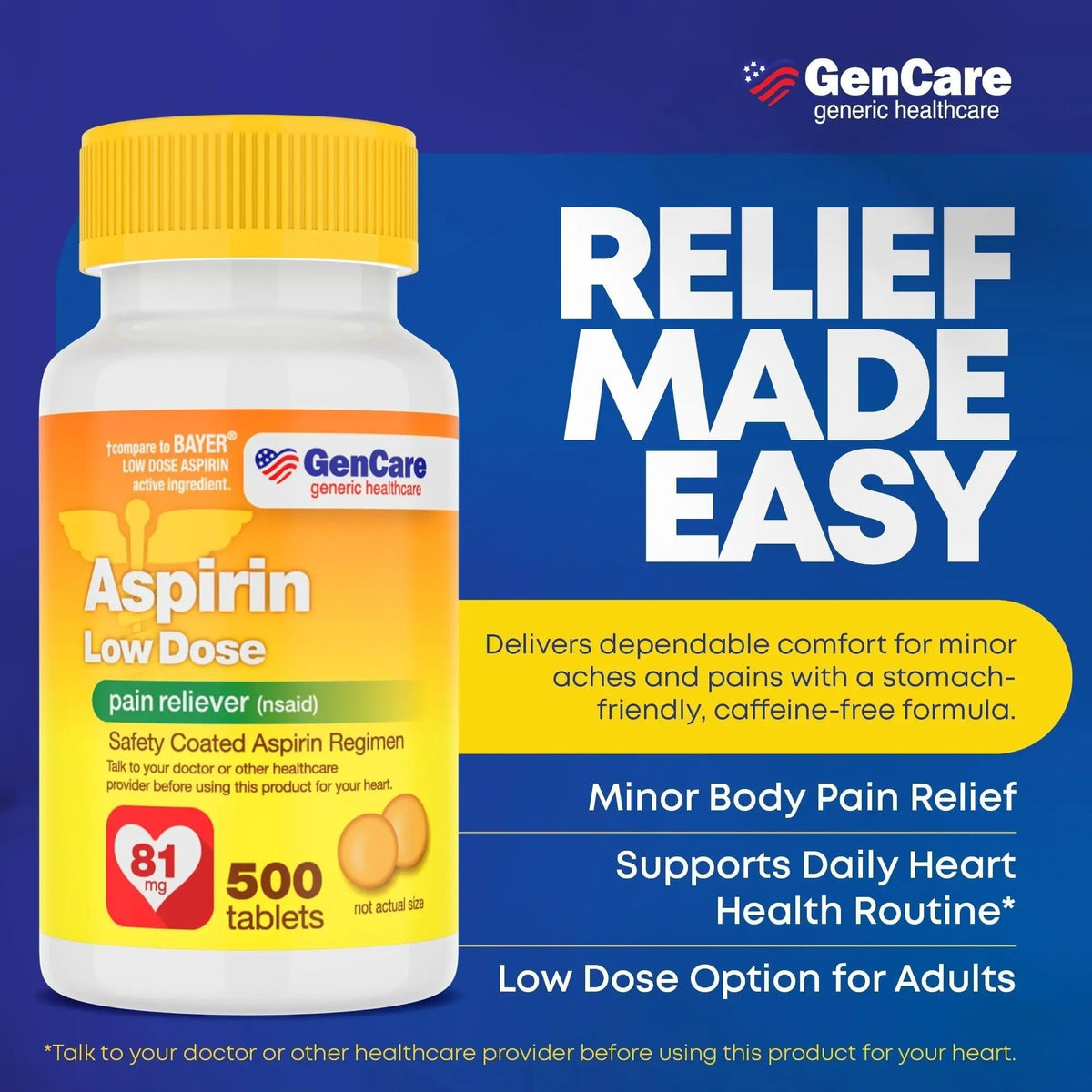 GenCare - Low Dose Aspirin 81mg for Adults Coated (NSAID) 500 Tablets | Adult Low Dose | Enteric Coated Aspirin Pills | Muscle Pain & Menstrual Pain Relief | Fever Reducer | Generic Bayer - PrimeBioHealth - canada supplements