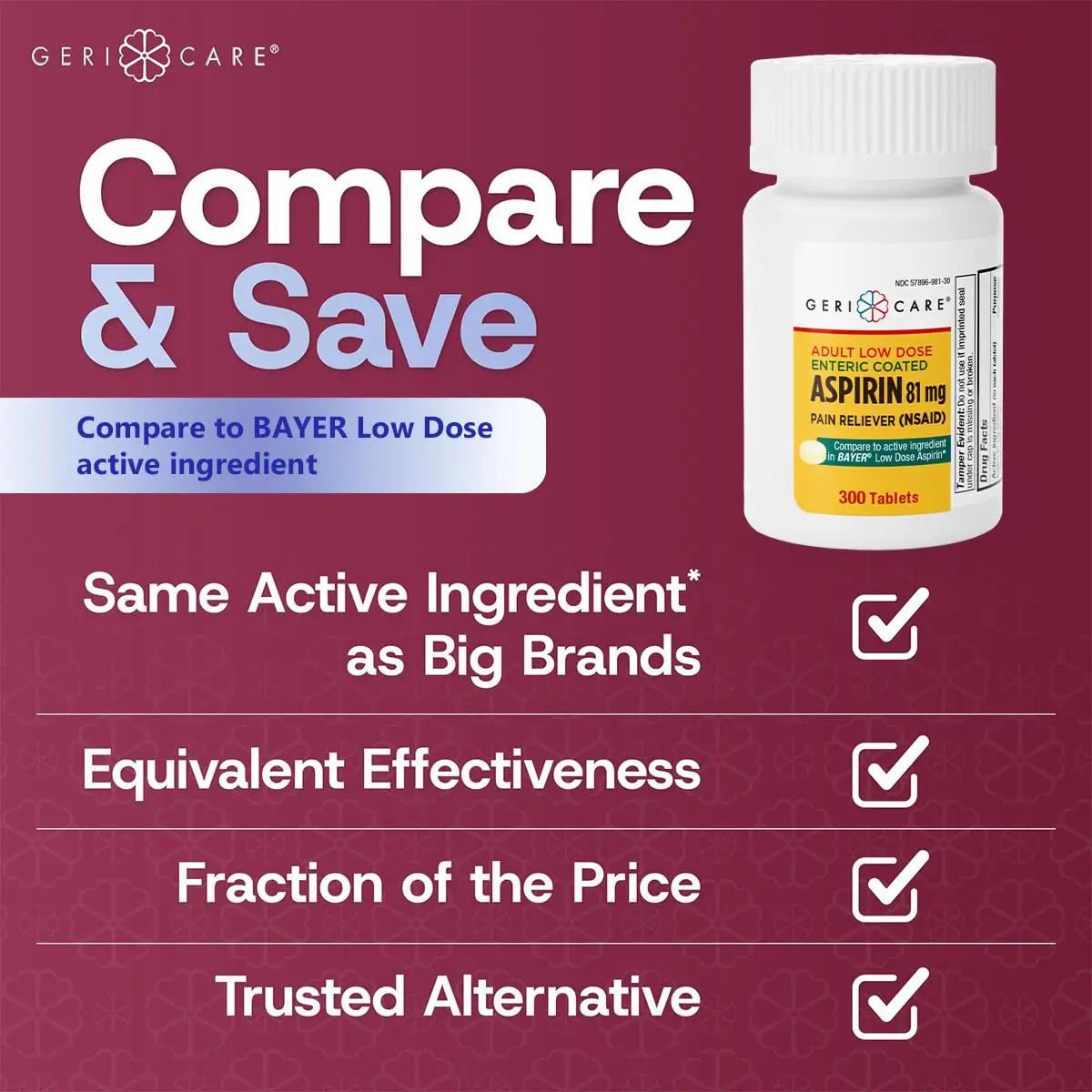 GeriCare Aspirin 81mg Adult Low Dose, Pain Reliever - Enteric Coated Tablets for Enhanced Absorption and Gentle Digestion – Supports Blood Flow, Reduces Inflammation, 300 Count (Pack of 1) - PrimeBioHealth - canada supplements