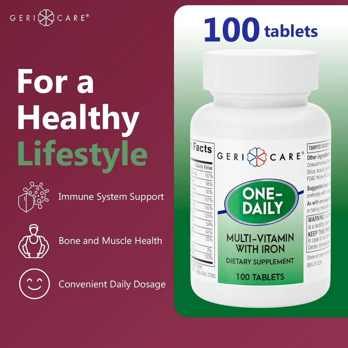 GeriCare One-Daily Multi-Vitamin with Iron Tablets,100 Count (Pack of 1) - PrimeBioHealth - canada supplements