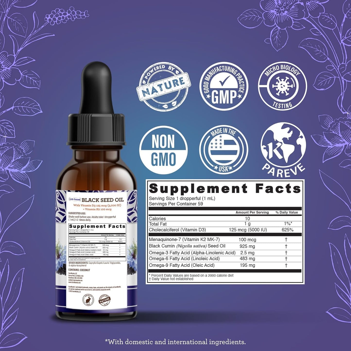 GuruNanda Black Seed Oil, Cold-Pressed Nigella Sativa - Rich in Vitamin D3 5000 Units, K2 & E, High Thymoquinone | Potent Antioxidant - PrimeBioHealth - canada supplements