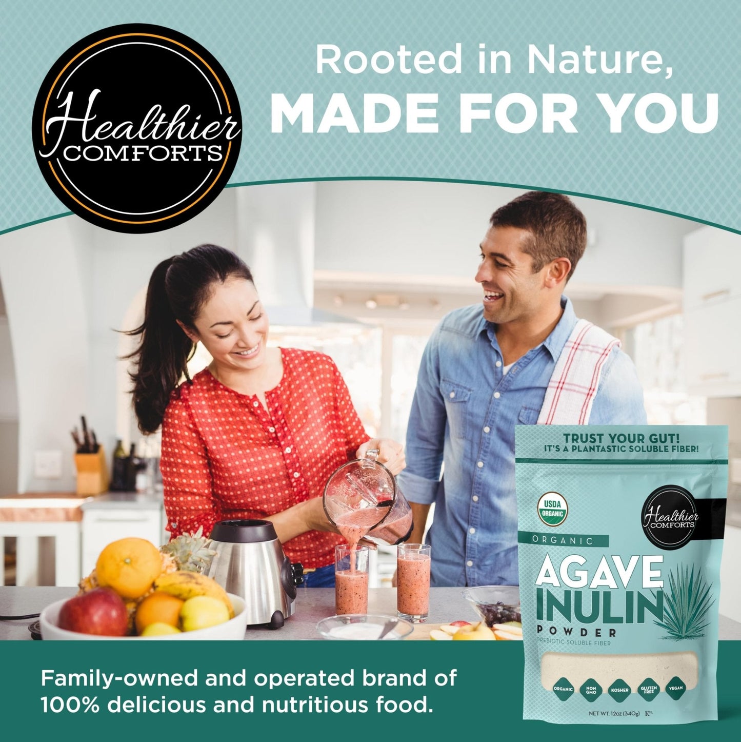 Healthier Comforts Organic Inulin Powder (12 oz) from Blue Agave | Soluble Prebiotic Fiber, Gentle on Digestion, Non-GMO | Perfect for Coffee, Baking & Cooking - PrimeBioHealth - canada supplements
