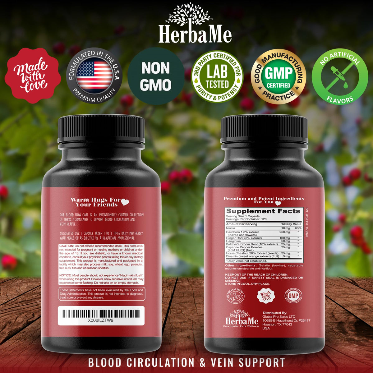 HerbaMe Blood Circulation Supplement, 120 Capsules, Supports Leg Vein, Heart, Vessels and Cardiovascular Health with Niacin, L-Arginine, Ginger, Cayenne Pepper - PrimeBioHealth - canada supplements