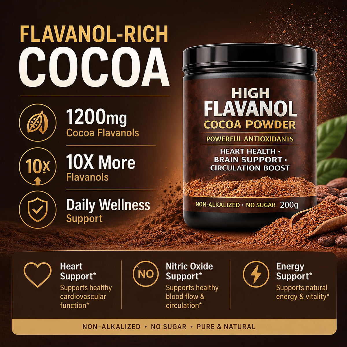 High Flavanol Cocoa Powder, Flavanol Rich Cocoa Powder– 1200mg Cocoa Flavanols – 10X More Flavanols – Supports Heart Health, Nitric Oxide & Energy - PrimeBioHealth - canada supplements
