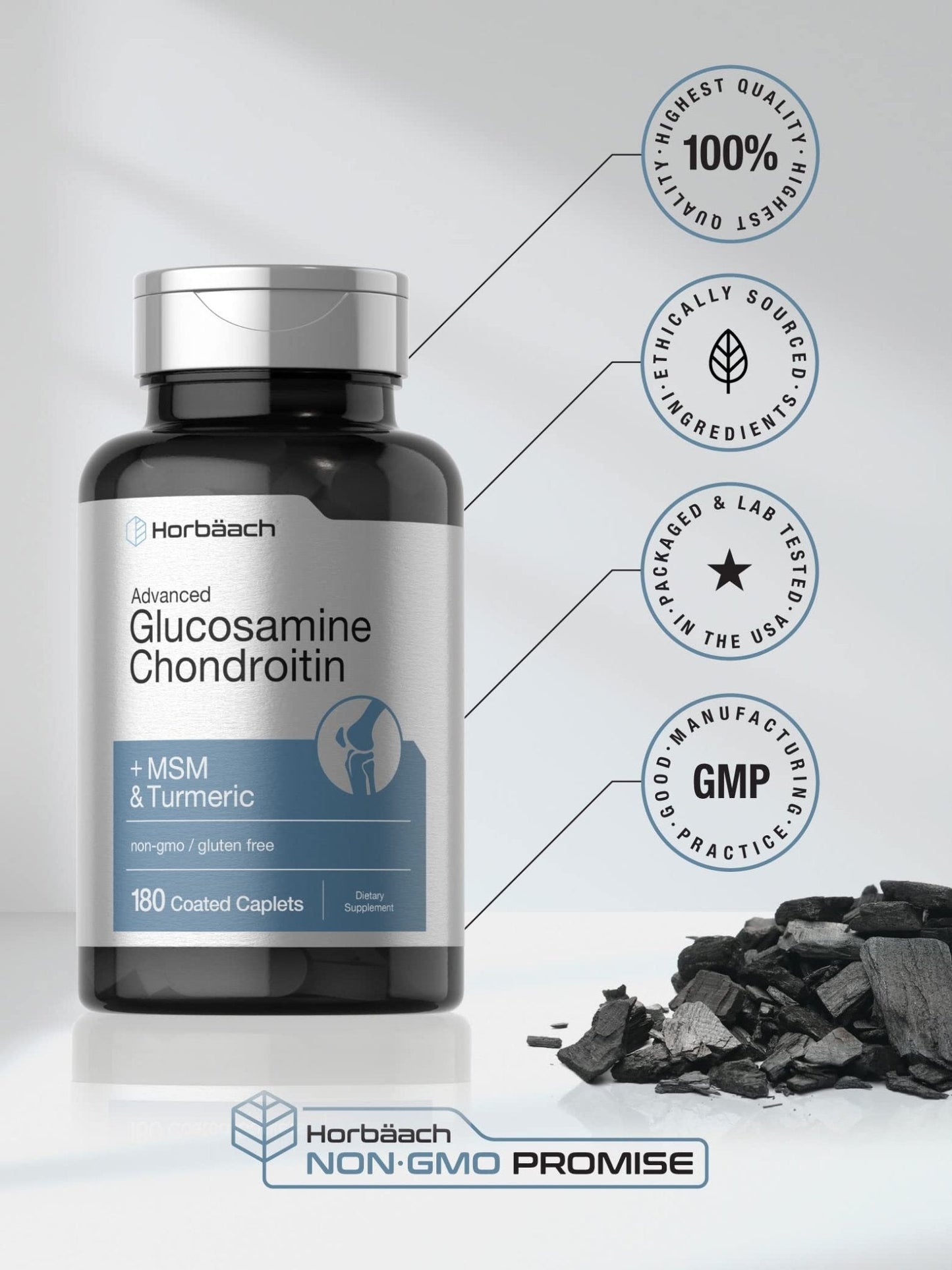 Horbäach Glucosamine Chondroitin | Plus MSM & Turmeric | 180 Coated Caplets | Non-GMO, Gluten Free Supplement - PrimeBioHealth - canada supplements