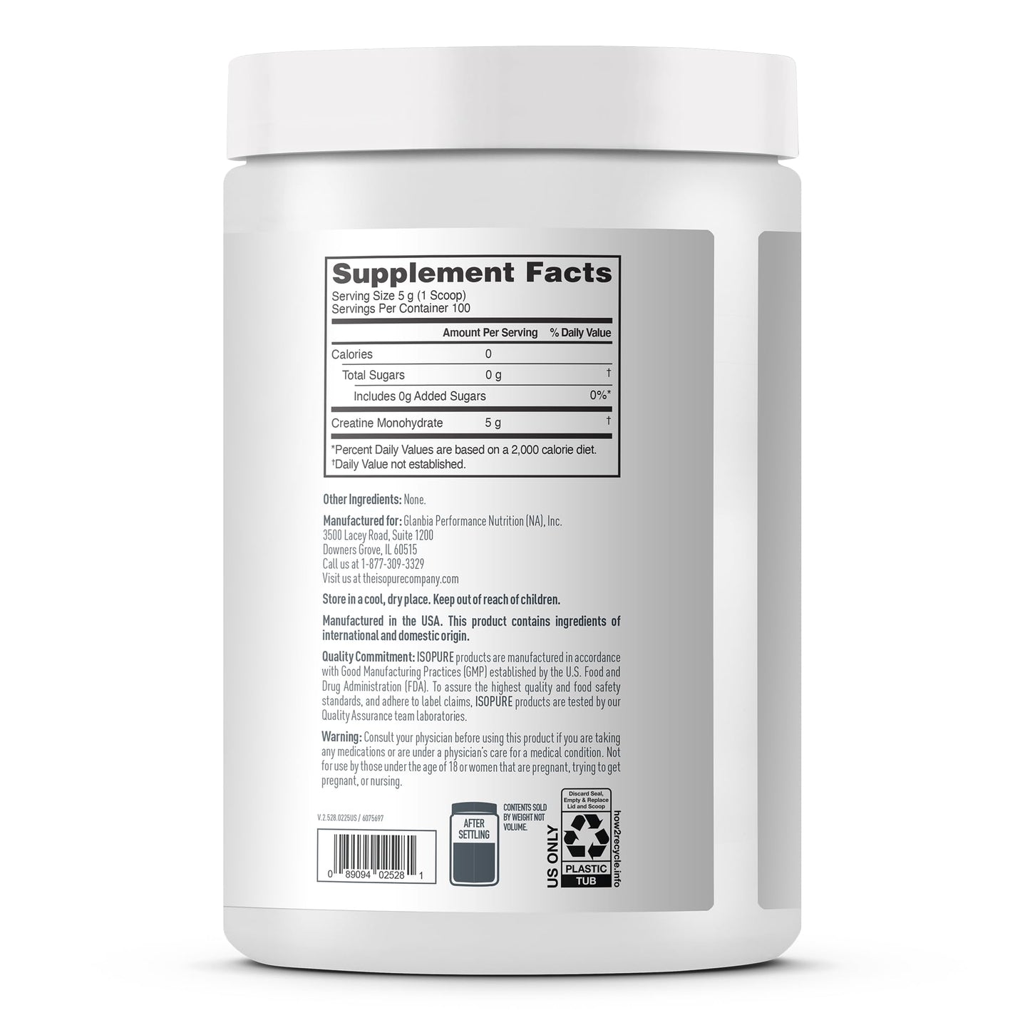 Isopure 100% Pure Creatine Monohydrate Powder, Sugar Free, Unflavored, 5g Creatine Monohydrate Per Serving, 1.1 Lbs, - PrimeBioHealth - canada supplements