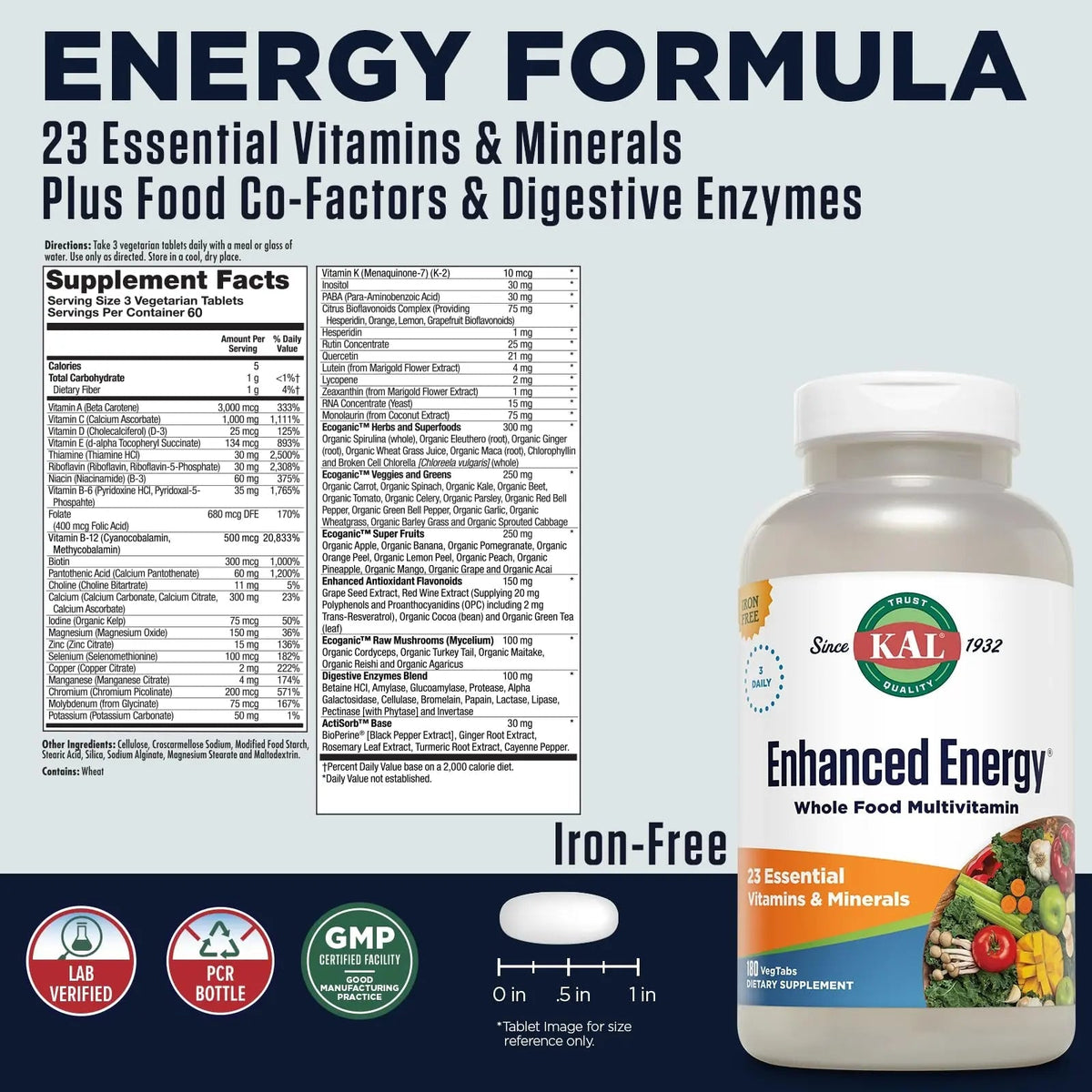 KAL® Enhanced Energy Multivitamin | Whole Food Based Vitamins & Minerals w/ Antioxidants, Digestive Enzymes & Natural Carotenoids | 180 Capsules - PrimeBioHealth - canada supplements