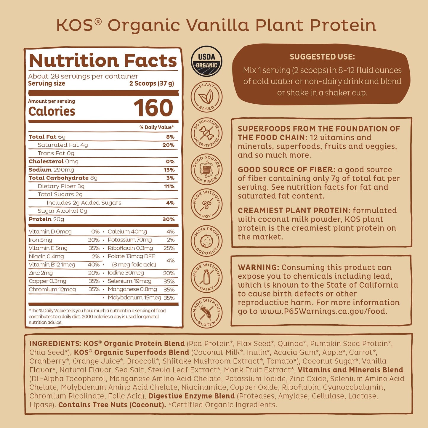 KOS Vegan Protein Powder Erythritol Free, Vanilla USDA Organic - Pea Protein Blend, Plant Based Superfood Rich in Vitamins & Minerals - Keto, Dairy Free - Meal Replacement for Women & Men, 28 Servings - PrimeBioHealth - canada supplements