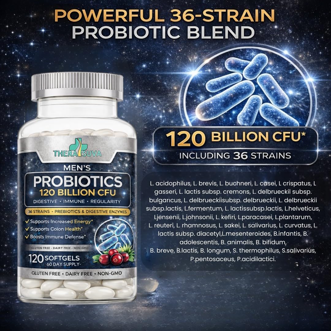 Men’s Advanced Probiotics 120 Billion CFU - 36 Strains + Prebiotics, Enzymes & Veggie Blend for Gut, Immune & Colon Health - 2 Month Supply, 120 Softgels - PrimeBioHealth - canada supplements