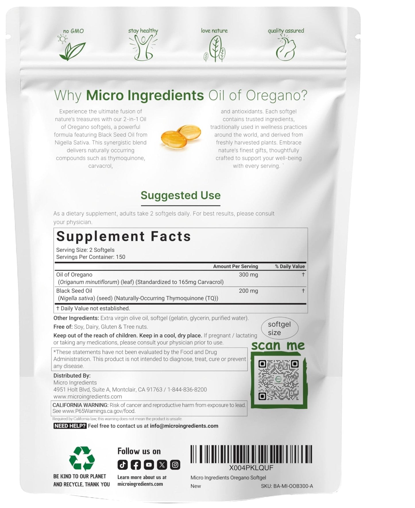 Micro Ingredients Oil of Oregano Softgels, 300 Count | 2 in 1 Formulated with Black Seed Oil | 4X Strength Carvacrol & Thymoquinone | Plant Based, Non-GMO - PrimeBioHealth - canada supplements