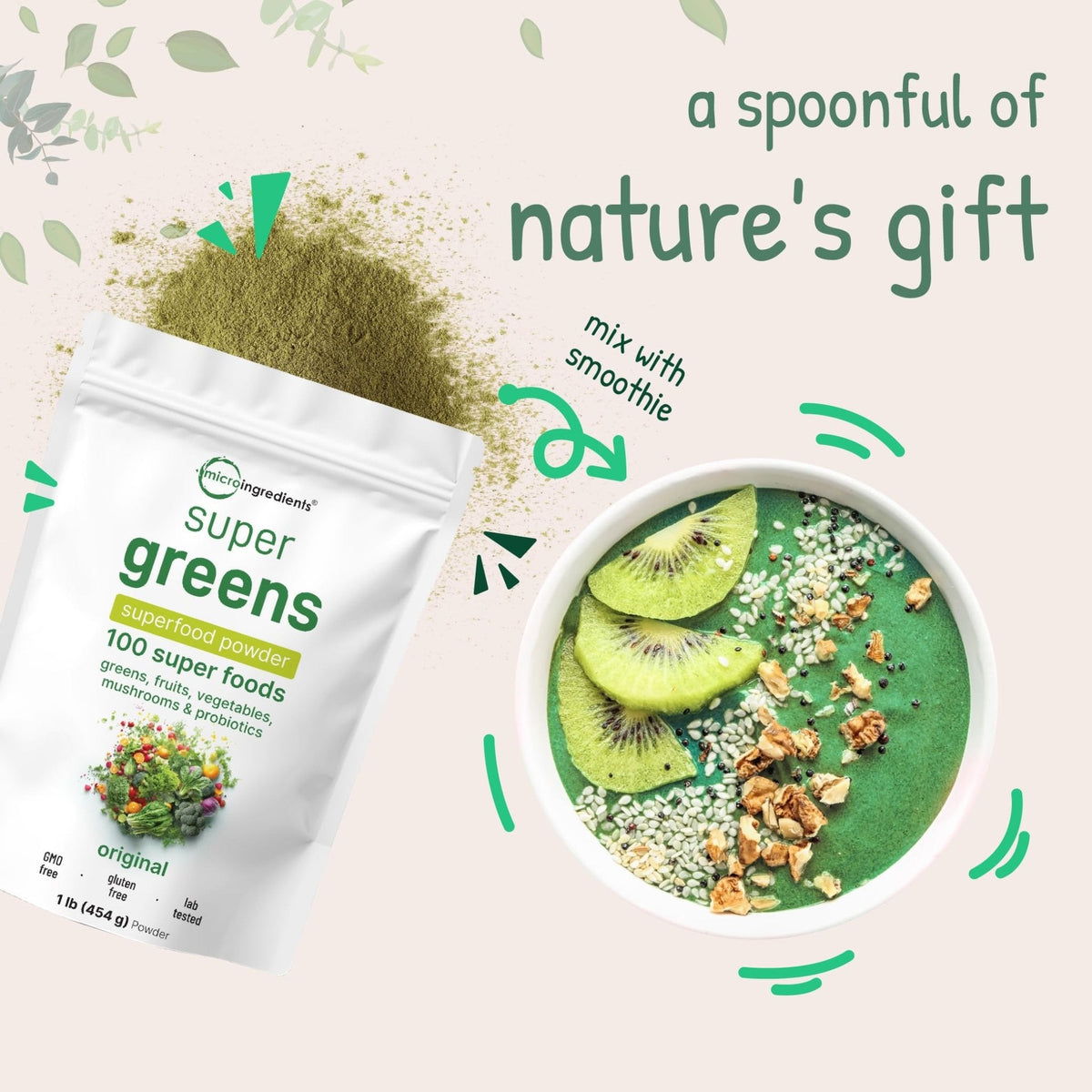 Micro Ingredients Super Greens Powder, 1lb | 100 Superfood Blend with Daily Greens, Probiotics, Fruits, Vegetables & Mushrooms | Source of Vegan Protein & Enzymes - PrimeBioHealth - canada supplements