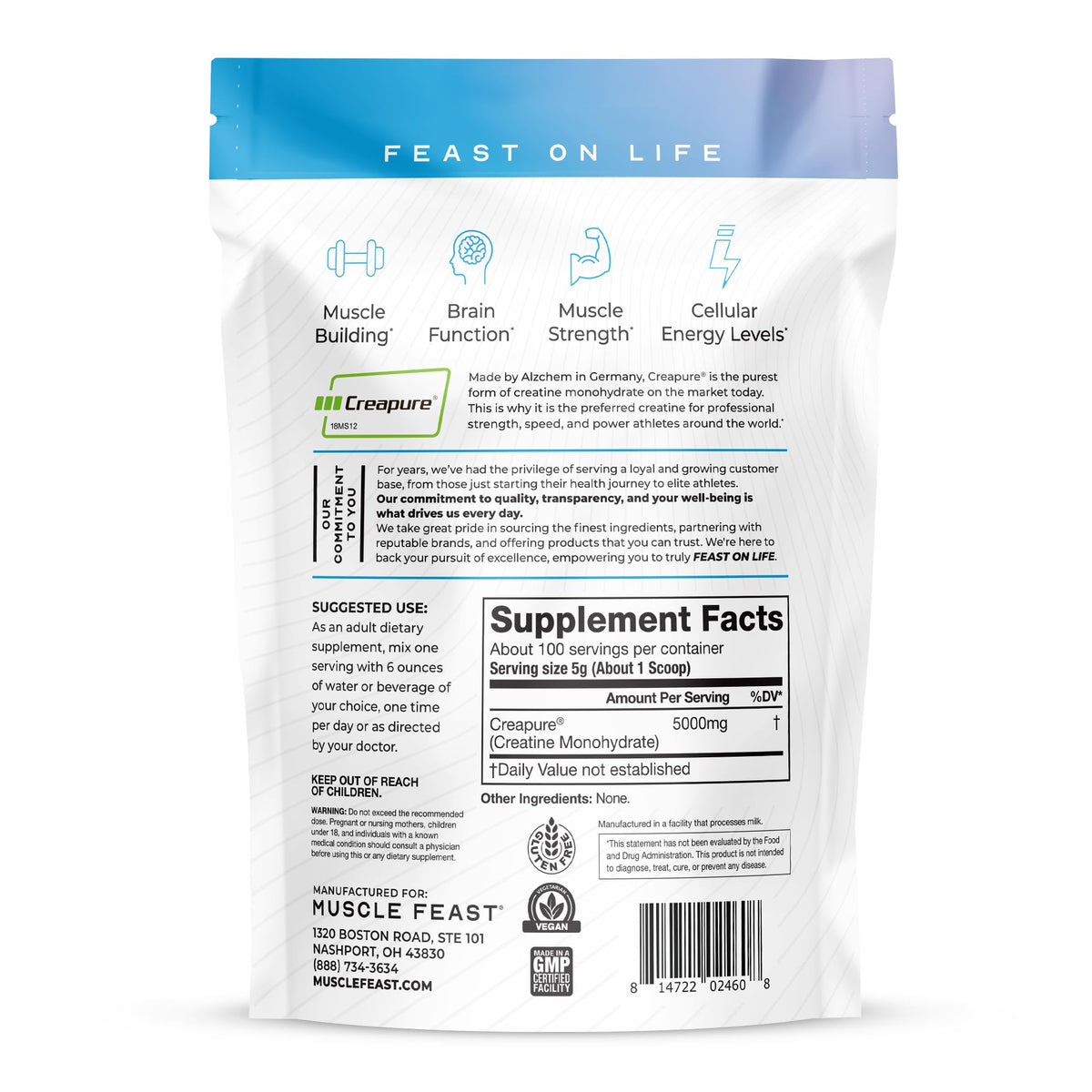 Muscle Feast Creapure Creatine Monohydrate Powder, Vegan Keto Friendly Gluten-Free, Mass Gainer, Muscle Recovery Supplement and Trusted Creatine for Muscle Growth, - PrimeBioHealth - canada supplements