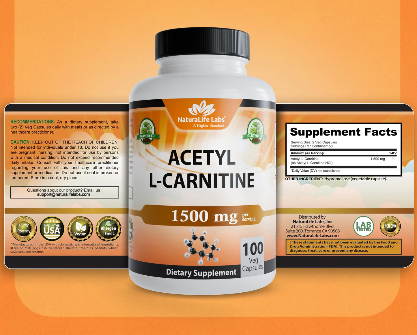 NaturaLife Labs Acetyl L-Carnitine (ALCAR) 1500 mg per Serving – 100 Capsules – Non-GMO, Gluten-Free, Vegan - PrimeBioHealth - canada supplements