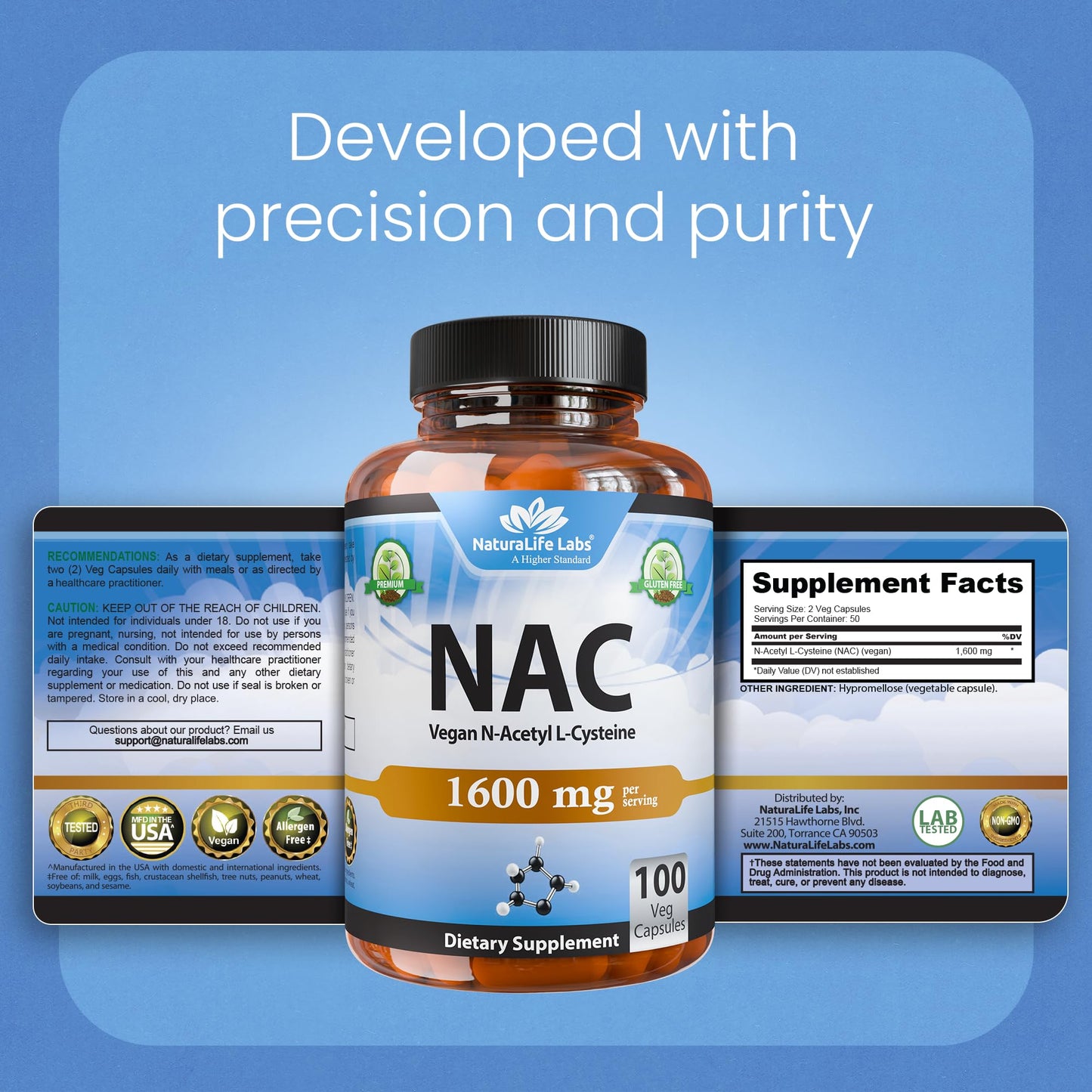 NaturaLife Labs N-Acetyl-L-Cysteine (NAC) 1600 mg – 100 Capsules - Vegan, Non-GMO & Gluten-Free - PrimeBioHealth - canada supplements