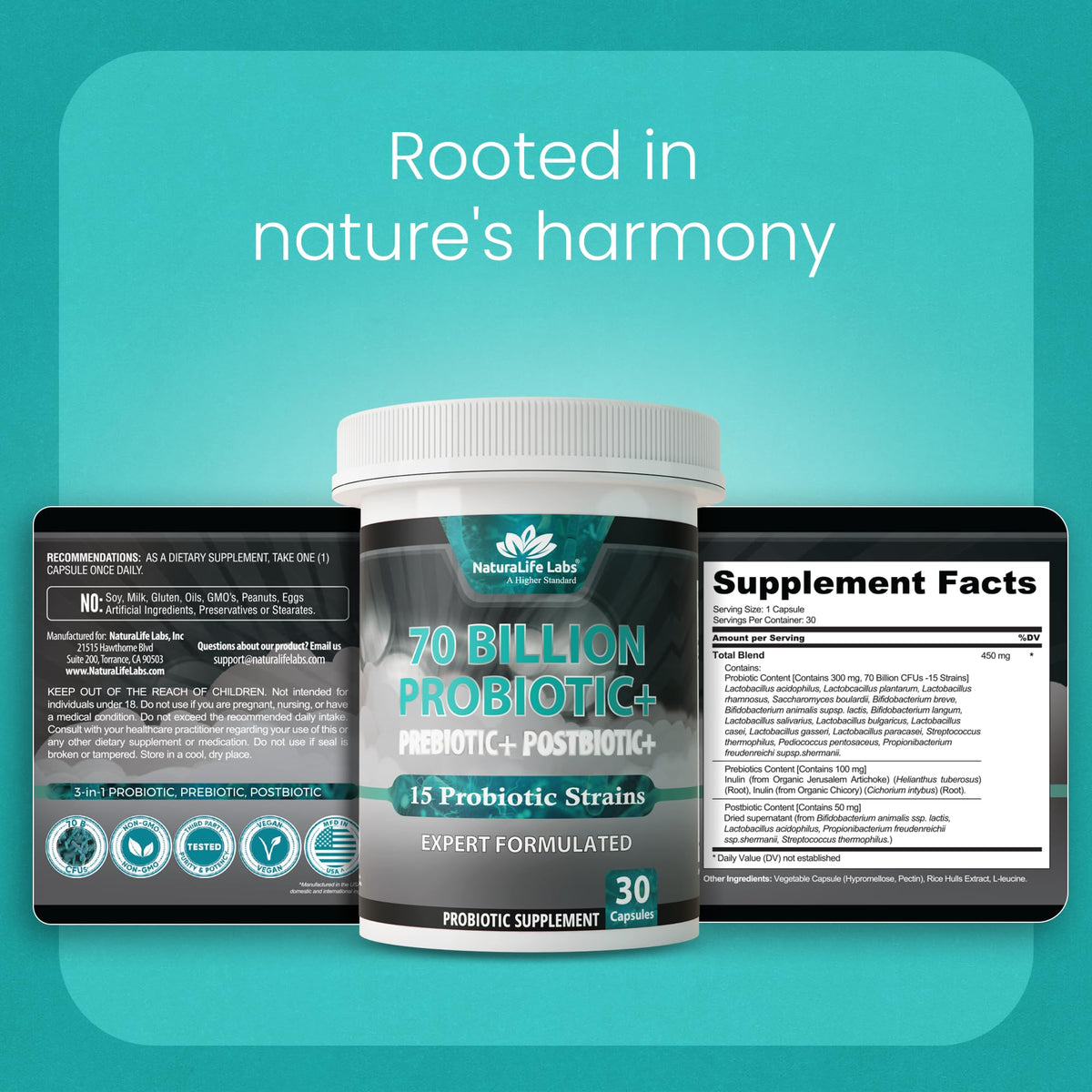 NaturaLife Labs Probiotics 70 Billion CFU – 15 Strains with Organic Prebiotic & Postbiotic – 3-in-1 Formula – 30 Vegan Capsules - PrimeBioHealth - canada supplements