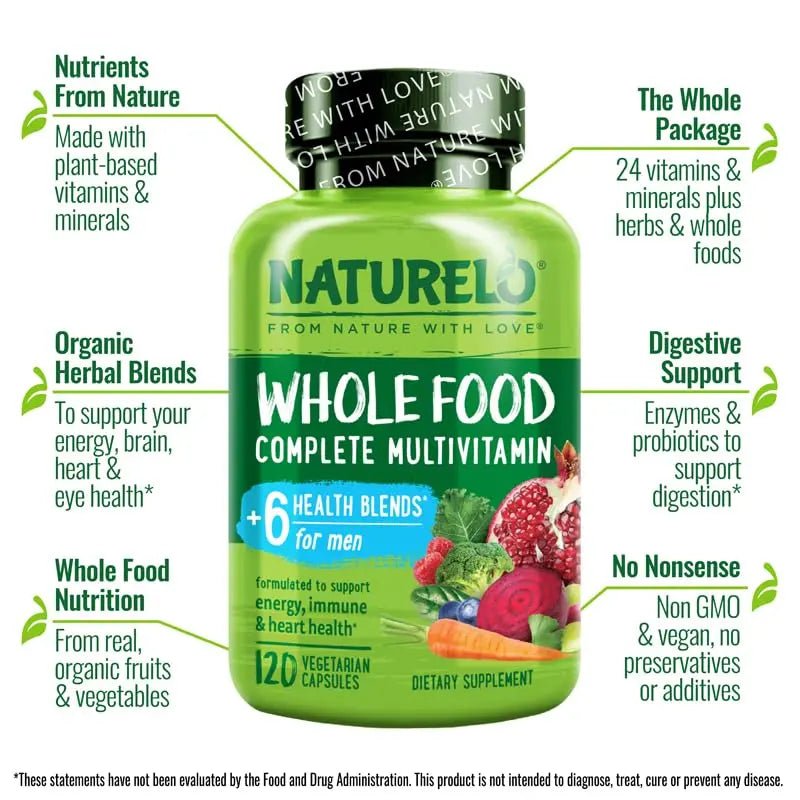 NATURELO Mens Multivitamins - Whole Food Multivitamin for Men with Vitamins, Minerals - 120 Vegetarian Capsules for Energy, Brain, Heart, Eye Health* - PrimeBioHealth - canada supplements