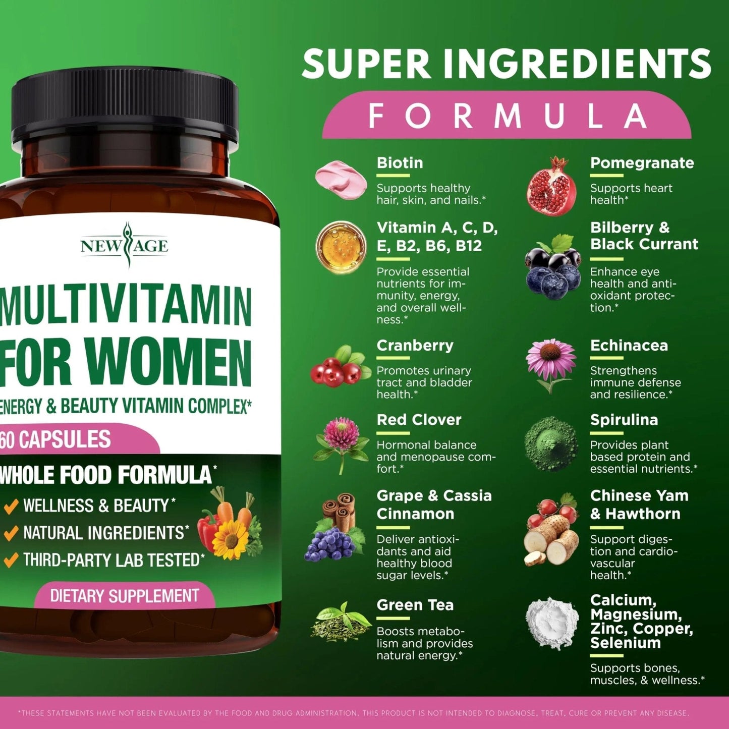NEW AGE Multivitamin for Women - B-Complex, Whole Foods, Hair Support, Iron - All in1 Womens Multivitamin - PrimeBioHealth - canada supplements