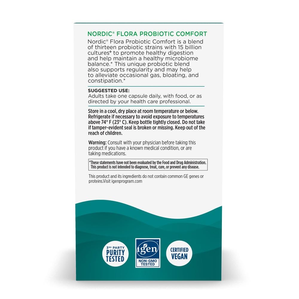 Nordic Naturals Nordic Flora Probiotic Comfort - 30 Capsules - 13 Probiotic Strains w/ 15 Billion Cultures - Supports Regularity & Digestive Comfort, Alleviates Bloating - PrimeBioHealth - canada supplements