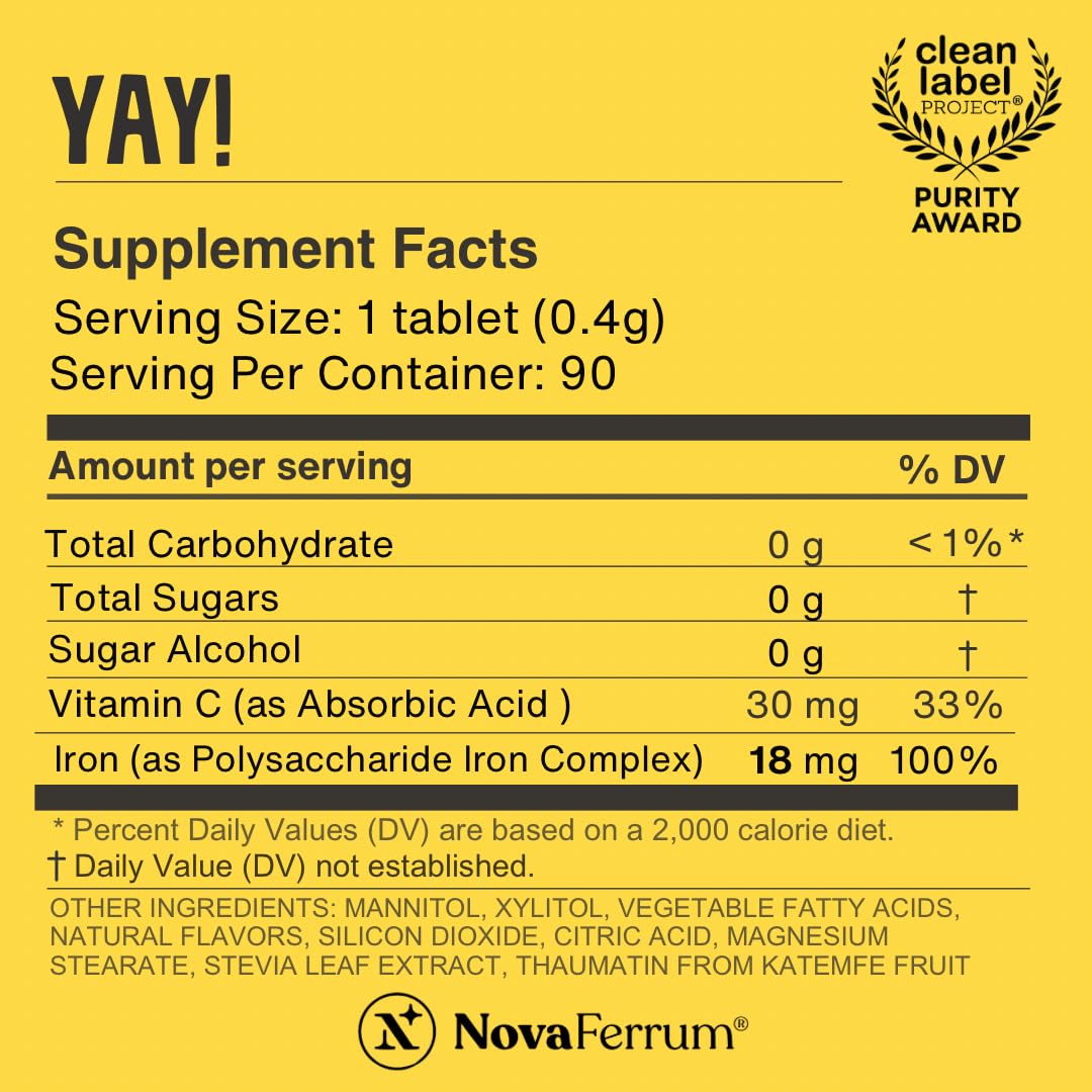 NovaFerrum Yay | Chewable Iron Supplement for Kids & Adults Ages 4 and Over | 18mg of Iron | 90 Servings | Sugar Free - PrimeBioHealth - canada supplements