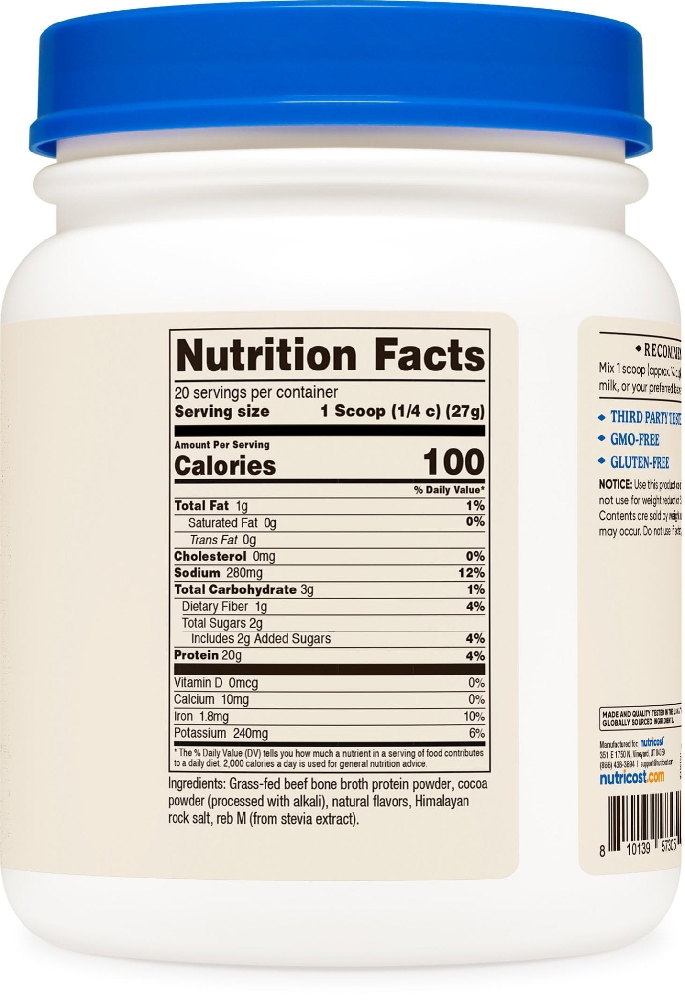 Nutricost Beef Bone Broth Protein Powder Chocolate (20 Servings) - Gluten-Free, GMO-Free - PrimeBioHealth - canada supplements