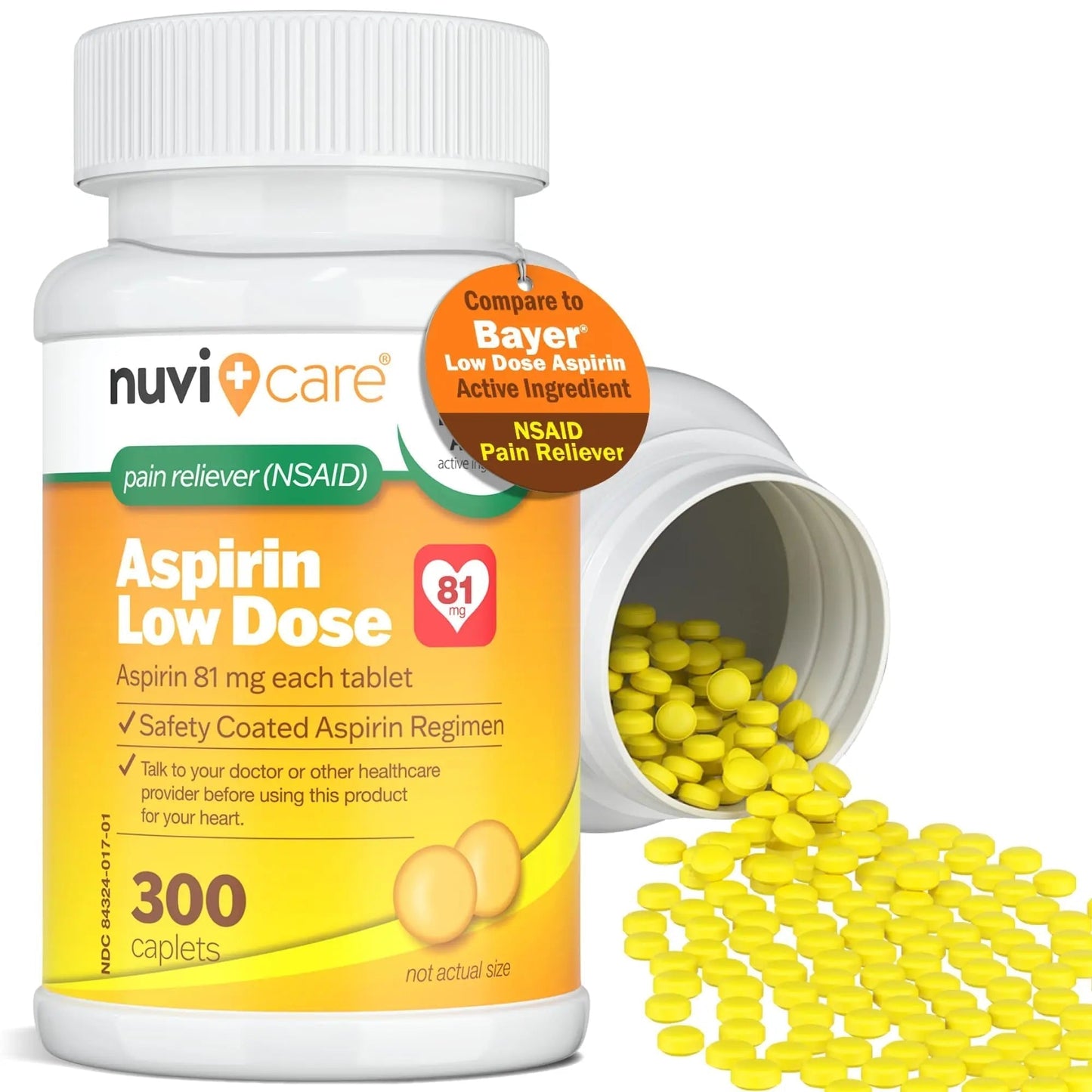 NUVICARE Low Dose Aspirin 81mg for Adults Coated Caplets - Compare to Active Ingredient in Low Dose Bayer Aspirin for Adults - Safety Coated (300 Count) - PrimeBioHealth - canada supplements