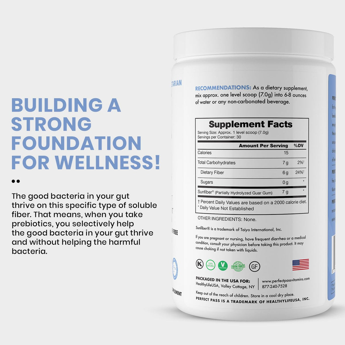 PERFECT PASS Prebiotic PHGG Partially Hydrolyzed Guar Gum 210g Powder - 100% Natural Gluten Free Non GMO - Certified Kosher Vegetarian Sugar Free - PrimeBioHealth - canada supplements