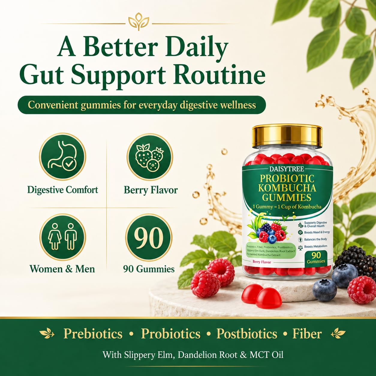 PRIMEHAVEN Probiotic Kombucha Gummies - Prebiotics, Probiotics, Postbiotics, Fiber Supplement, Slippery Elm, Dandelion Root, for Bloating, Gut Health - PrimeBioHealth - canada supplements